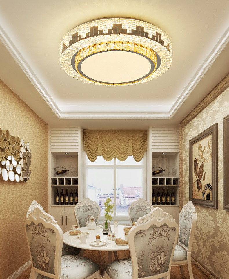 Silver Circular LED Flush Mount in Modern Luxury Style Wrought Iron Ceiling Light with Crystal Shade