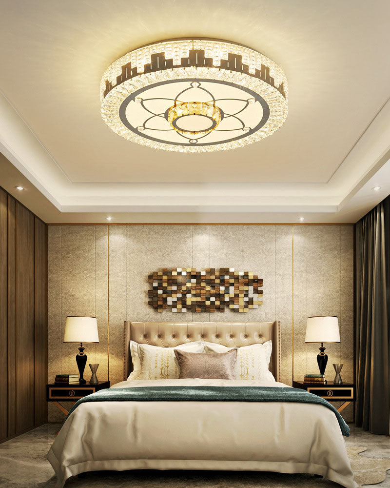 Silver Circular LED Flush Mount in Modern Luxury Style Wrought Iron Ceiling Light with Crystal Shade