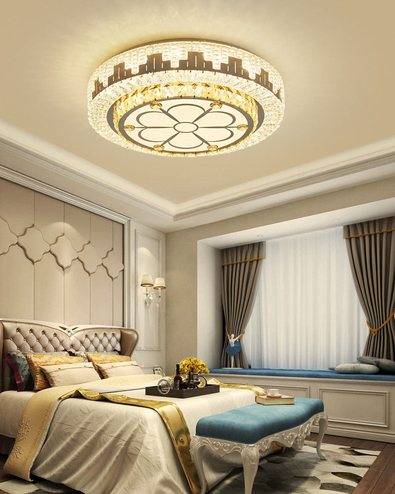 Silver Circular LED Flush Mount in Modern Luxury Style Wrought Iron Ceiling Light with Crystal Shade