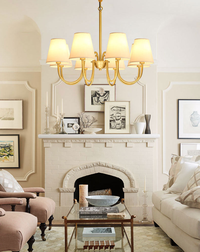 Traditional Classic Radial Pendant Light Copper Chandelier with White Fabrics Shade