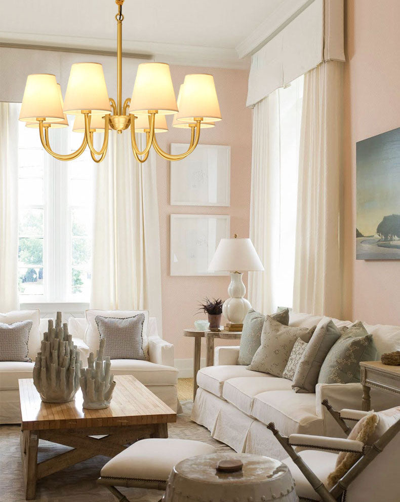 Traditional Classic Radial Pendant Light Copper Chandelier with White Fabrics Shade