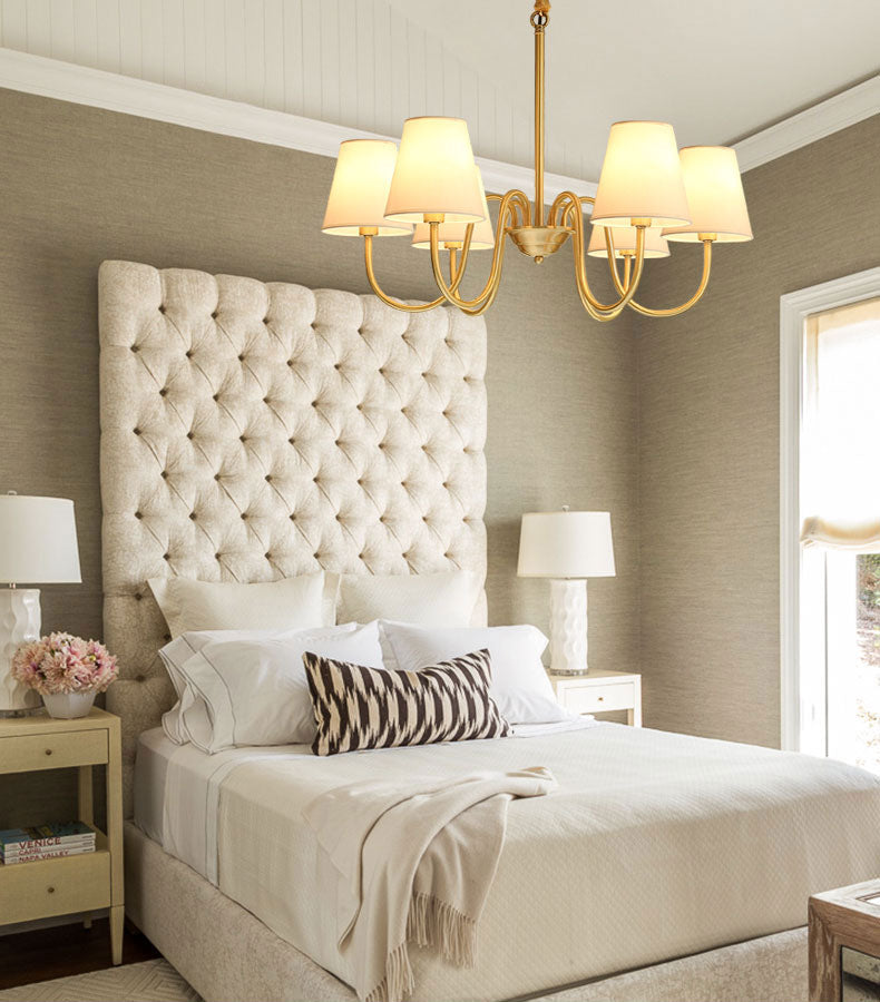 Traditional Classic Radial Pendant Light Copper Chandelier with White Fabrics Shade