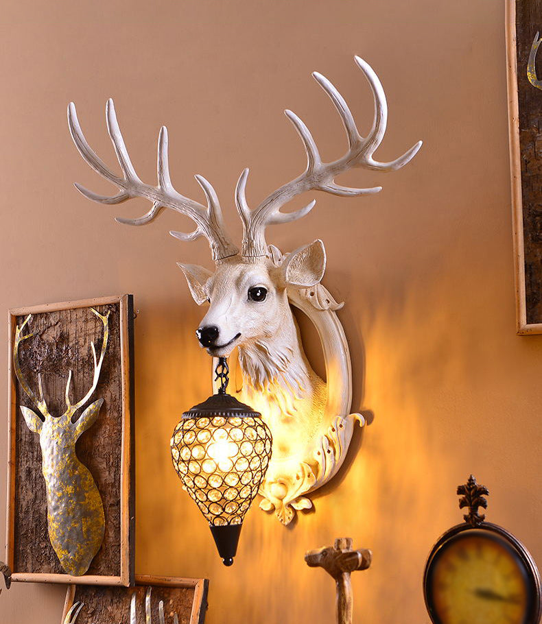 Resin Deer Wall Sconce Lamp Decorative 1-Light Crystal Wall Light for Living Room