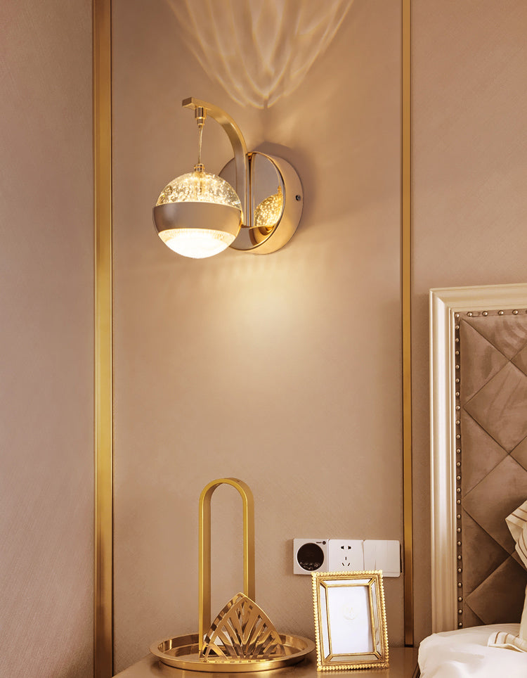 Crystal Spherical Wall Light Sconce Minimalist Gold Finish Wall Light for Bedroom