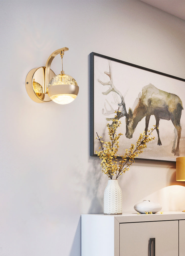 Crystal Spherical Wall Light Sconce Minimalist Gold Finish Wall Light for Bedroom