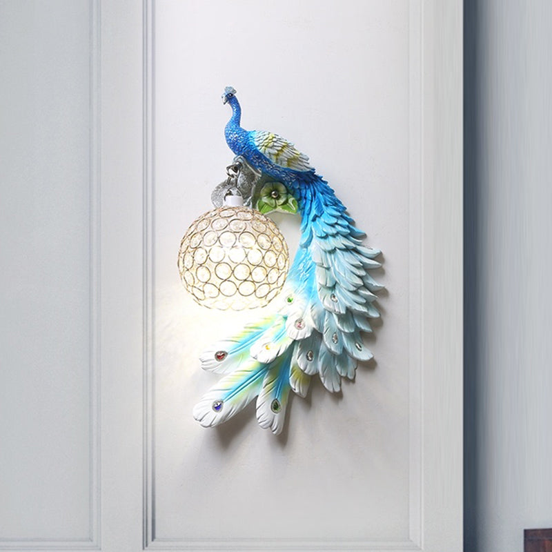 Peacock Wall Sconce Art Decor Resin 1-Light Living Room Wall Lamp with Spherical Crystal Shade