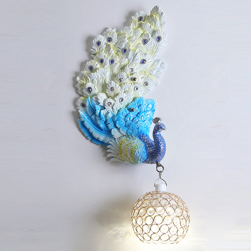 Peacock Wall Sconce Art Decor Resin 1-Light Living Room Wall Lamp with Spherical Crystal Shade