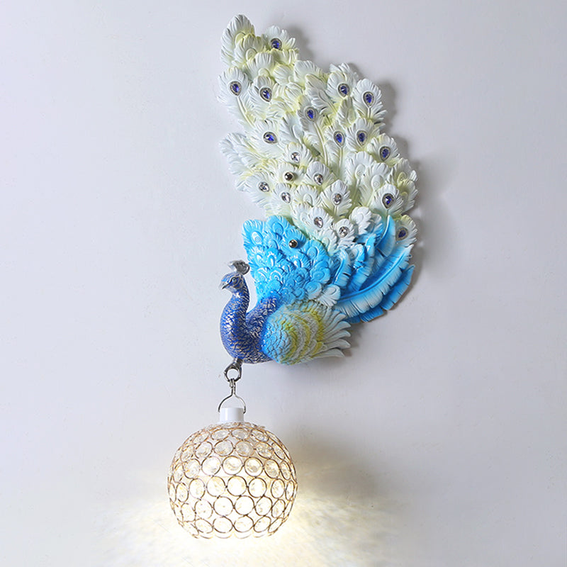 Peacock Wall Sconce Art Decor Resin 1-Light Living Room Wall Lamp with Spherical Crystal Shade
