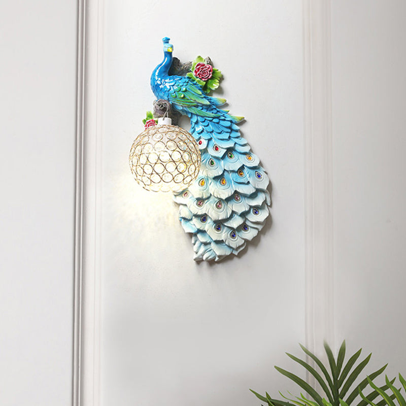 Peacock Wall Sconce Art Decor Resin 1-Light Living Room Wall Lamp with Spherical Crystal Shade