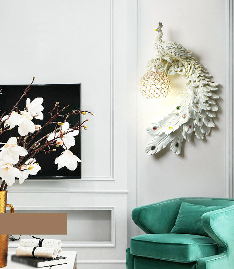 Peacock Wall Sconce Art Decor Resin 1-Light Living Room Wall Lamp with Spherical Crystal Shade