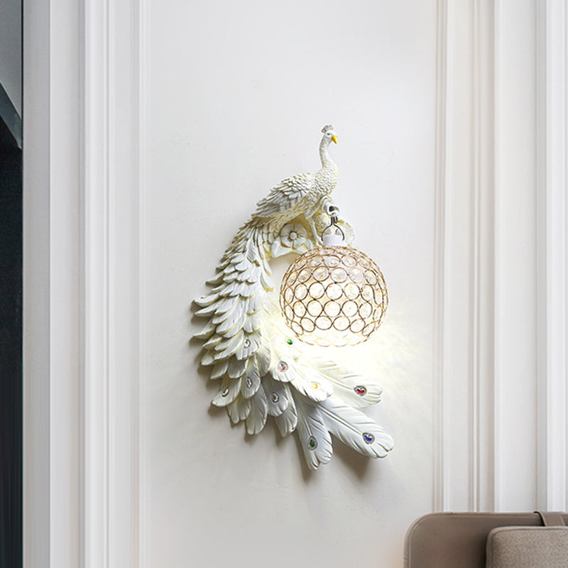 Peacock Wall Sconce Art Decor Resin 1-Light Living Room Wall Lamp with Spherical Crystal Shade