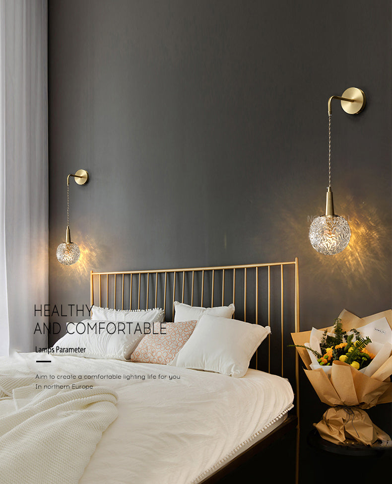 Spherical Bedside Wall Hanging Lamp Crystal 1 Head Minimalist Wall Light in Brass
