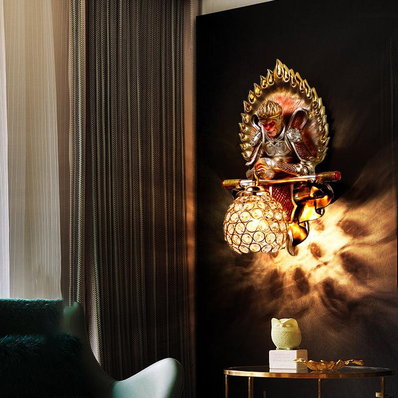Resin Monkey King Wall Sconce Decorative 1-Light Wall Lamp with Crystal Shade