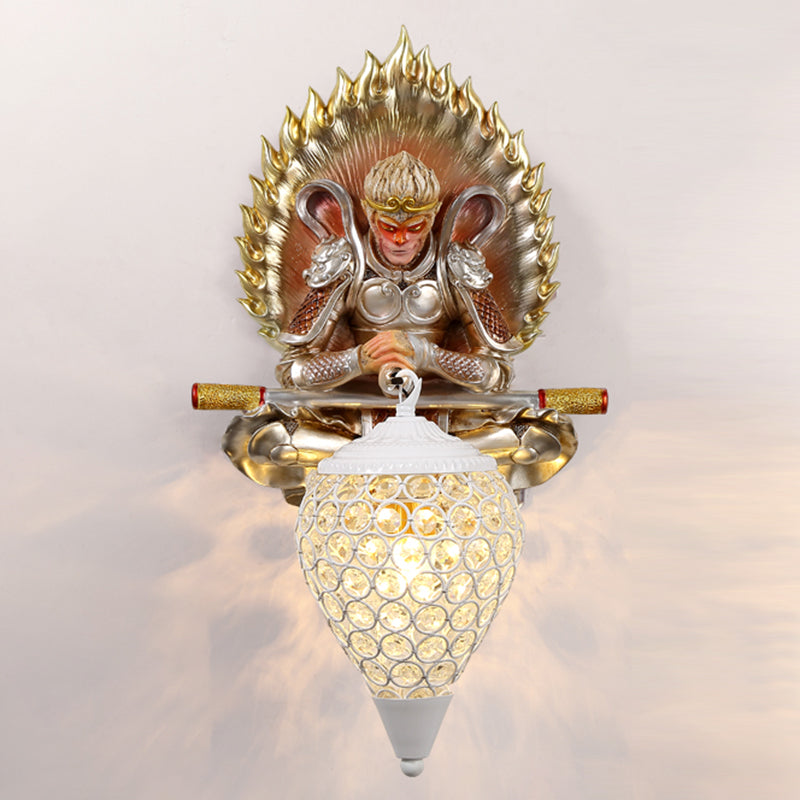 Resin Monkey King Wall Sconce Decorative 1-Light Wall Lamp with Crystal Shade