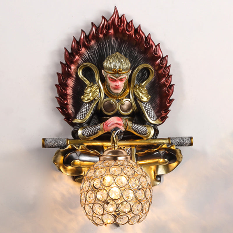 Resin Monkey King Wall Sconce Decorative 1-Light Wall Lamp with Crystal Shade