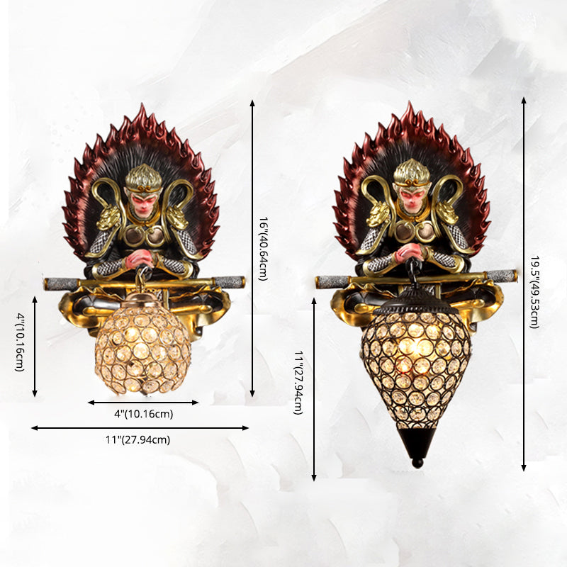 Resin Monkey King Wall Sconce Decorative 1-Light Wall Lamp with Crystal Shade