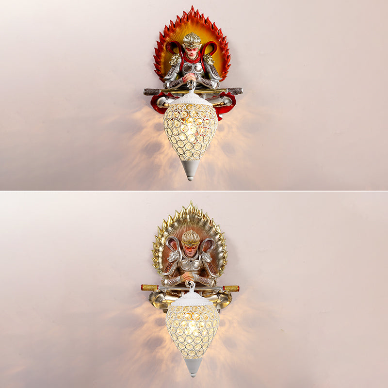 Resin Monkey King Wall Sconce Decorative 1-Light Wall Lamp with Crystal Shade