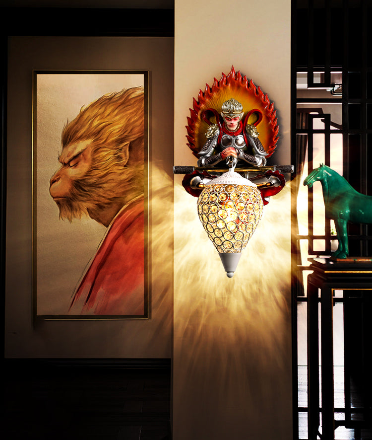 Resin Monkey King Wall Sconce Decorative 1-Light Wall Lamp with Crystal Shade