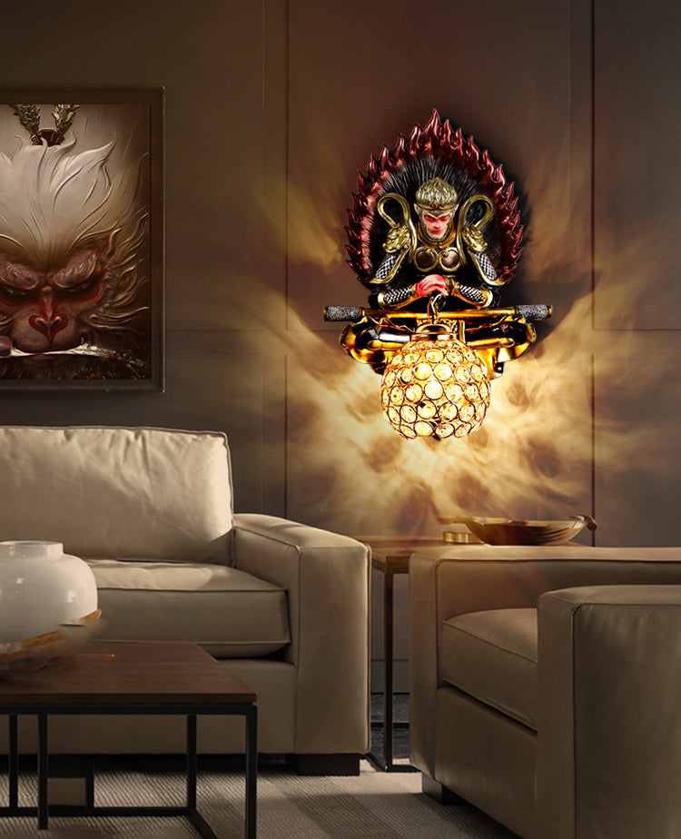 Resin Monkey King Wall Sconce Decorative 1-Light Wall Lamp with Crystal Shade