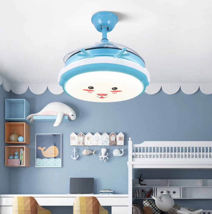 Drum Shade Hanging Fan Lamp Cartoon Acrylic Nursery LED Semi Flush-Mount Light