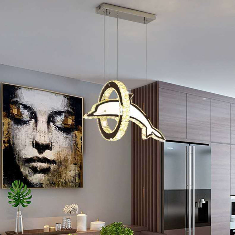 Luz de la isla LED de cristal plateado en moderna luz colgante de acero inoxidable de estilo de lujo para dormitorio