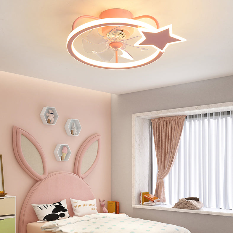 Pink Circular Ceiling Fan Lighting Cartoon Acrylic LED Semi Flush Mount Fixture for Kids Room