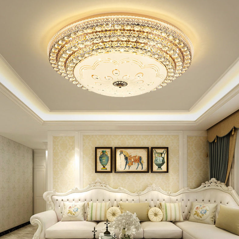 Modern Fashionable Circular LED Ceiling Light Crystal Indoor Flush Mount with Glass Shade