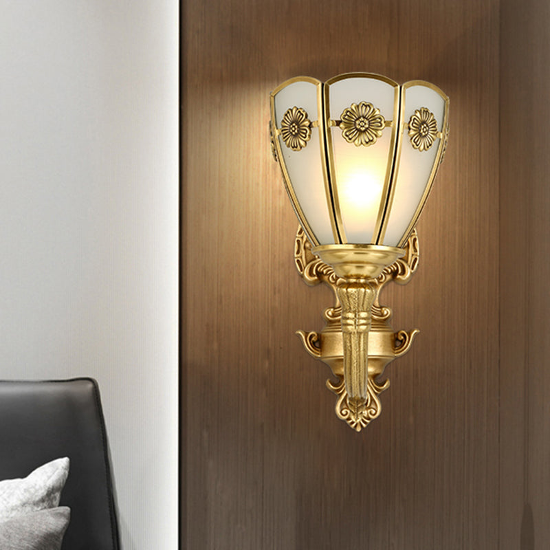1/2 Lights Indoor Sconce Retro Floral Beveled Opal Glass Shade Wall Lamp with Golden Exquisite Carved Element
