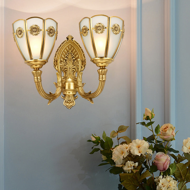 1/2 Lights Indoor Sconce Retro Floral Beveled Opal Glass Shade Wall Lamp with Golden Exquisite Carved Element