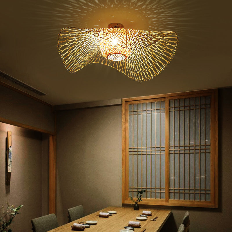 Japanese Style Bamboo Flush Mount 1-Light Ceiling Light Fixture for Dining Room