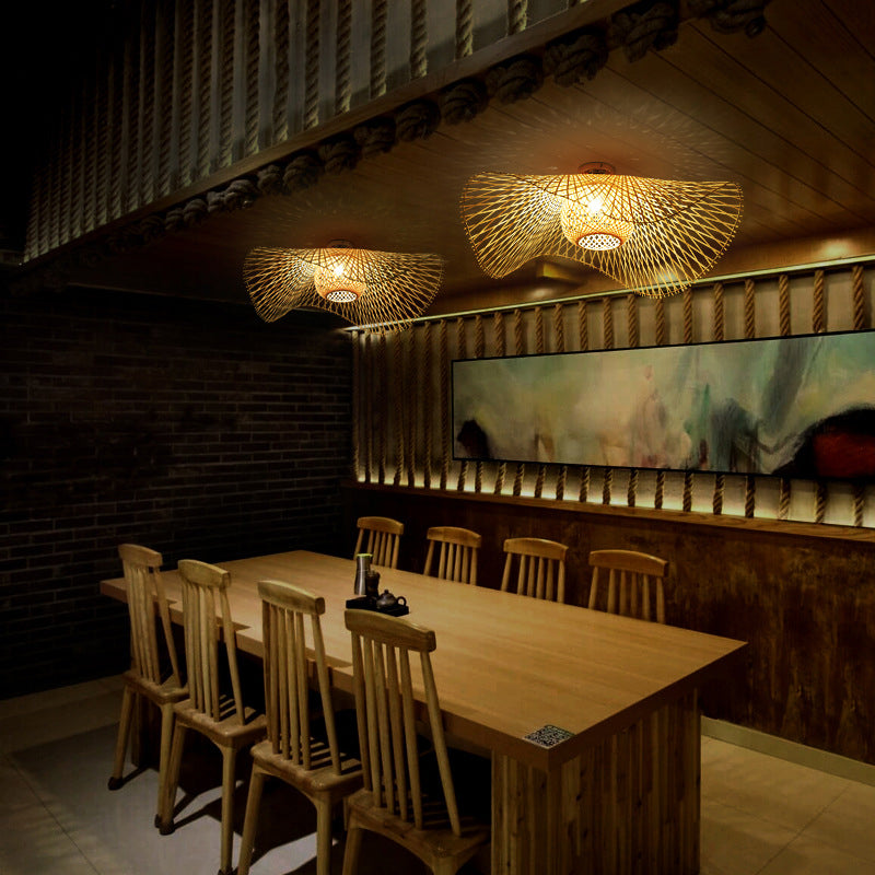 Japanese Style Bamboo Flush Mount 1-Light Ceiling Light Fixture for Dining Room