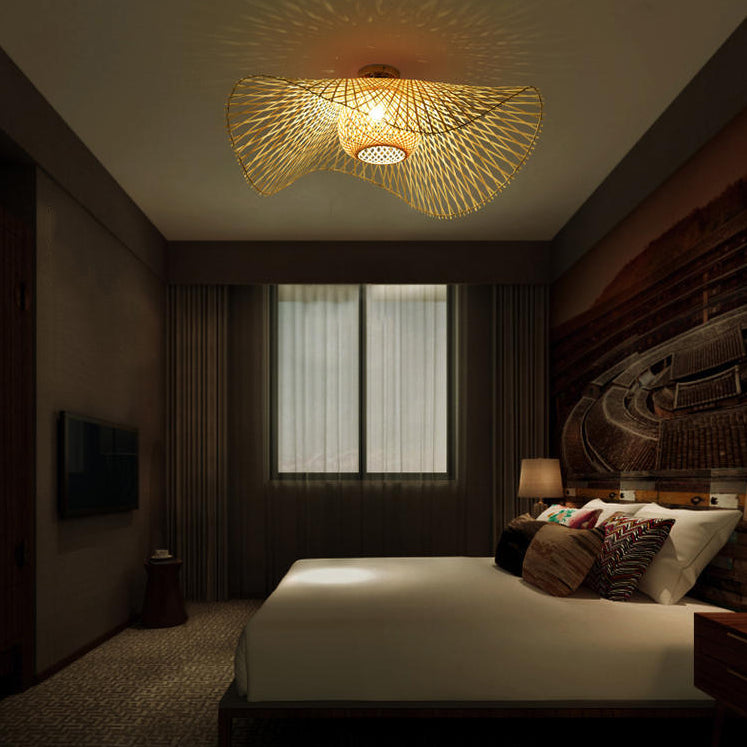 Japanese Style Bamboo Flush Mount 1-Light Ceiling Light Fixture for Dining Room