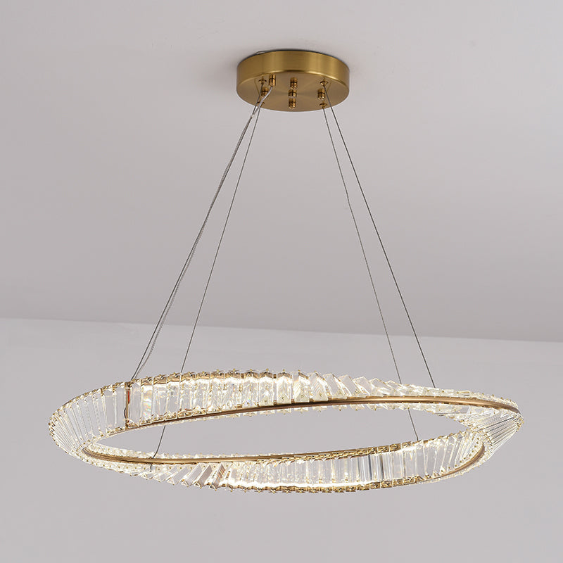 Modern Luxury Circular LED Pendant Light Wrought Iron Hanging Lamp with Crystal Shade
