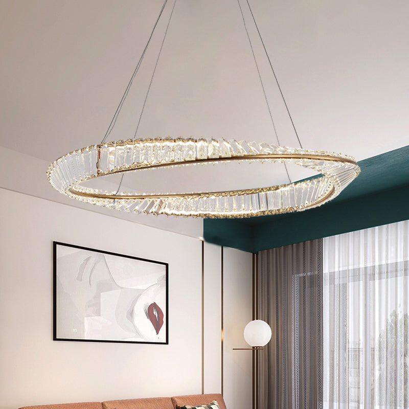 Modern Luxury Circular LED Pendant Light Wrought Iron Hanging Lamp with Crystal Shade