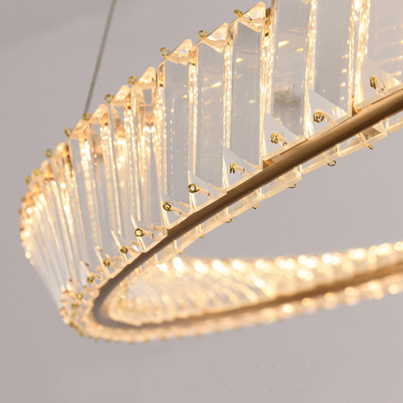 Modern Luxury Circular LED Pendant Light Wrought Iron Hanging Lamp with Crystal Shade