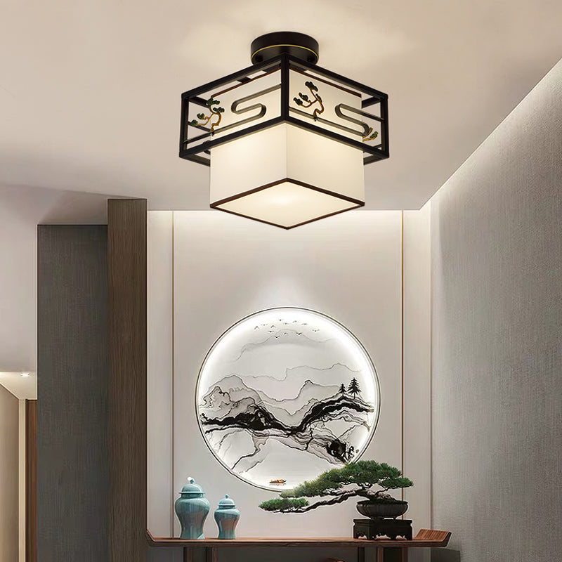 Black Semi-Flush Ceiling Light Traditional Fabric Squared Semi Flush Mount Light