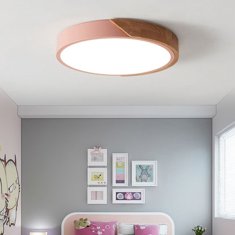 Colorful Macaron Wood Flush Mount Ceiling Light Fixture with Acrylic Guard