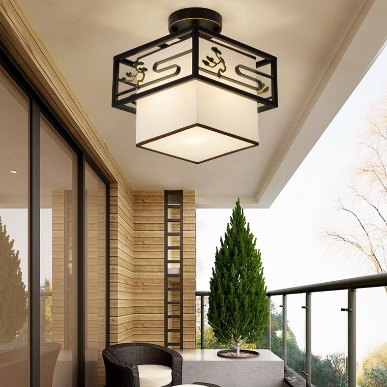 Black Semi-Flush Ceiling Light Traditional Fabric Squared Semi Flush Mount Light