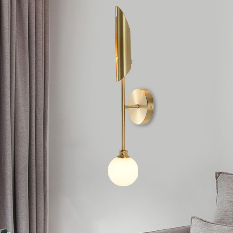 Brass Pencil Arm Sconce Light Minimalist 1 Bulb Metal Wall Mounted Lamp with White Glass Shade