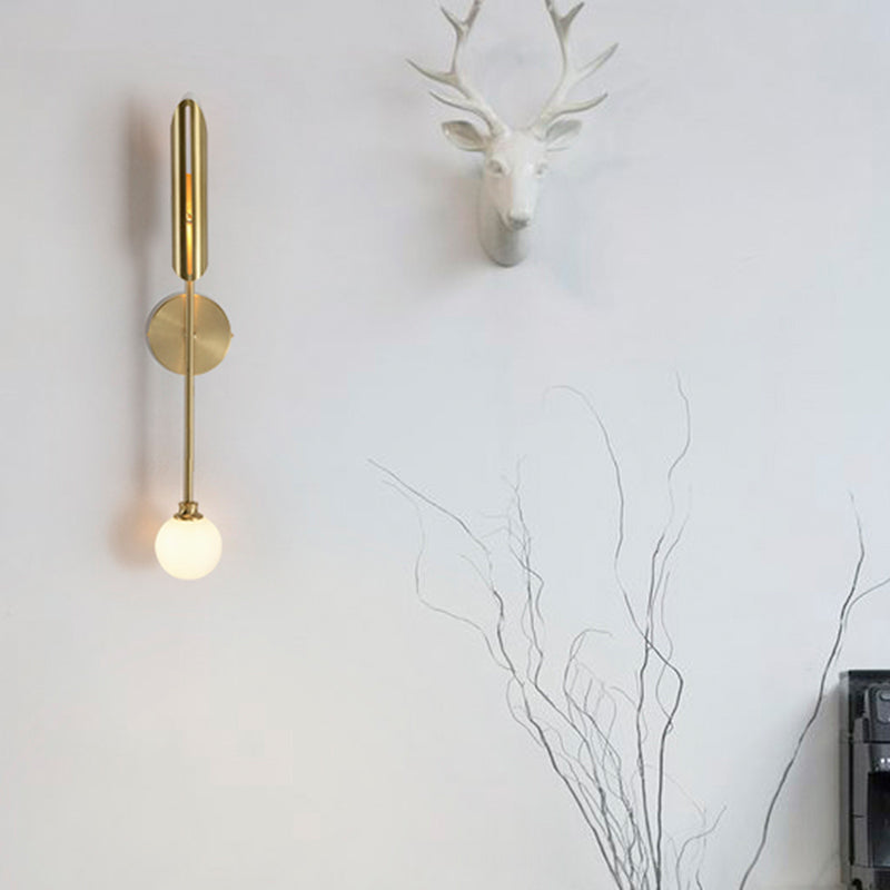 Brass Pencil Arm Sconce Light Minimalist 1 Bulb Metal Wall Mounted Lamp with White Glass Shade