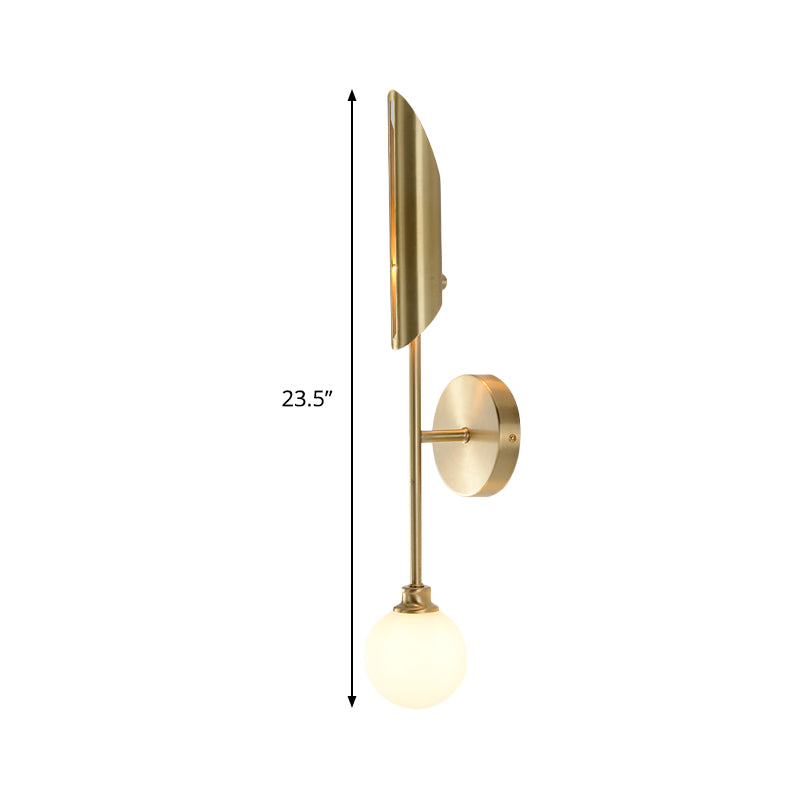 Brass Pencil Arm Sconce Light Minimalist 1 Bulb Metal Wall Mounted Lamp with White Glass Shade
