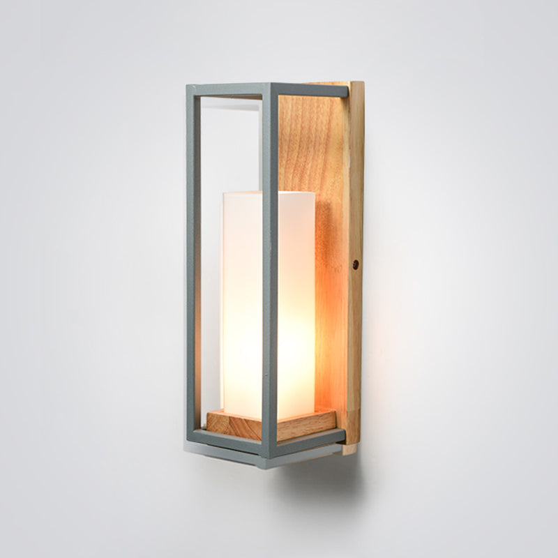 Grey Tubular Sconce Light Asian 1 Bulb White Glass Wall Mounted Lighting with Wood Rectangle Backplate