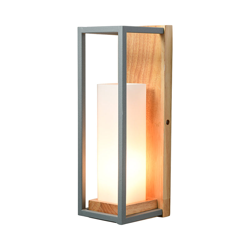 Grey Tubular Sconce Light Asian 1 Bulb White Glass Wall Mounted Lighting with Wood Rectangle Backplate