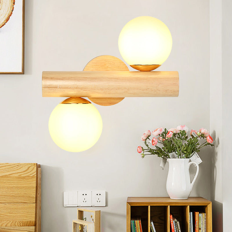 Tube Wall Lamp Japanese Wood 2 Heads Beige Sconce Light Fixture with Milk Glass Shade