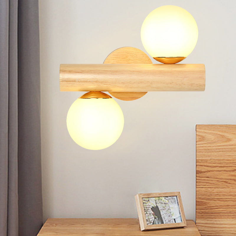 Tube Wall Lamp Japanese Wood 2 Heads Beige Sconce Light Fixture with Milk Glass Shade