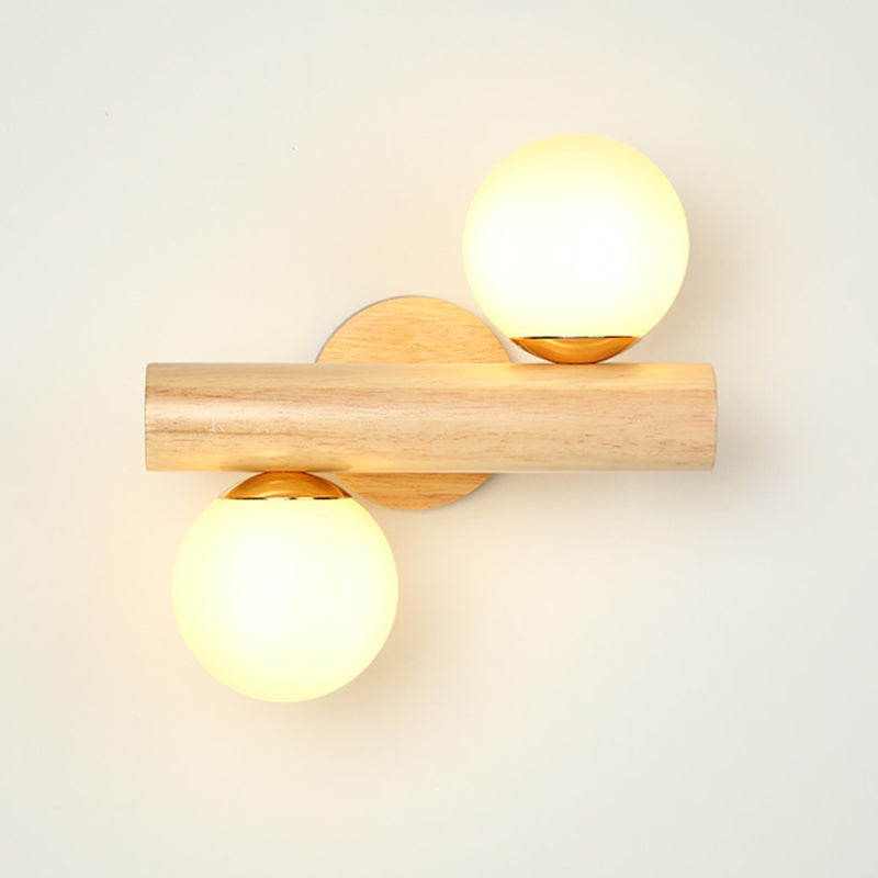 Tube Wall Lamp Japanese Wood 2 Heads Beige Sconce Light Fixture with Milk Glass Shade