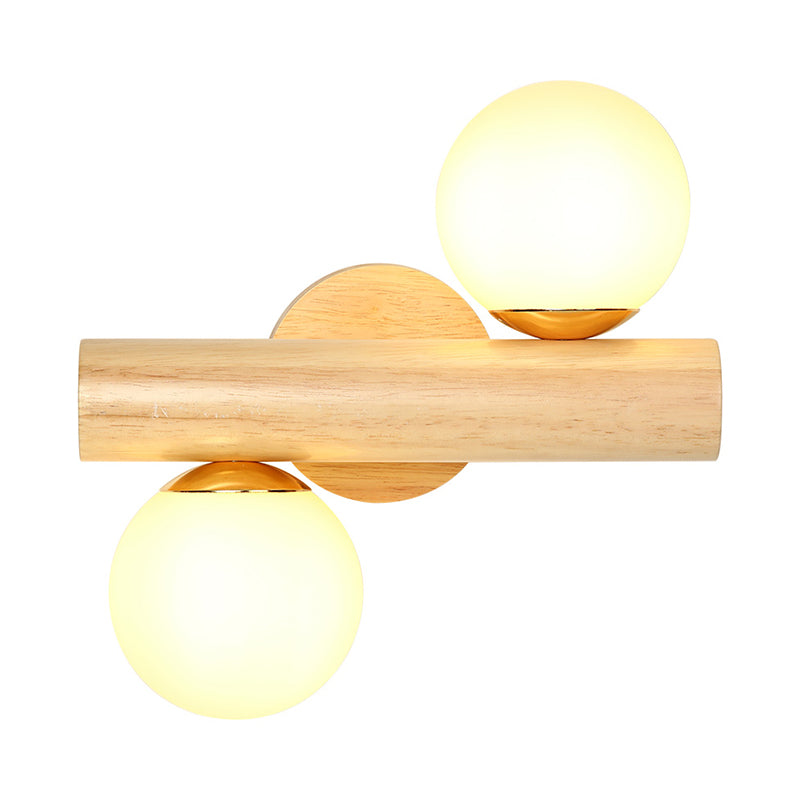 Tube Wall Lamp Japanese Wood 2 Heads Beige Sconce Light Fixture with Milk Glass Shade