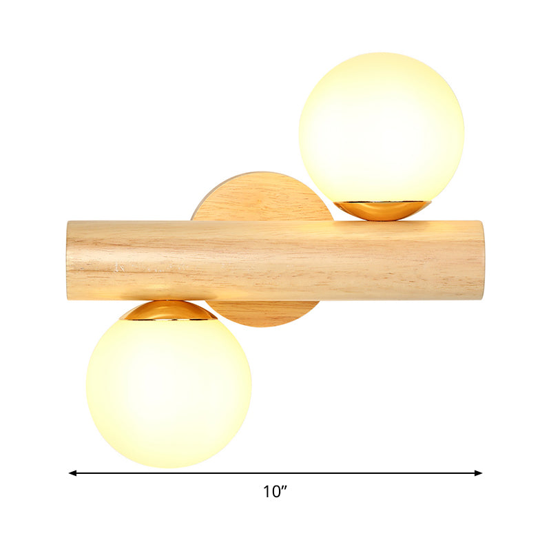 Tube Wall Lamp Japanese Wood 2 Heads Beige Sconce Light Fixture with Milk Glass Shade