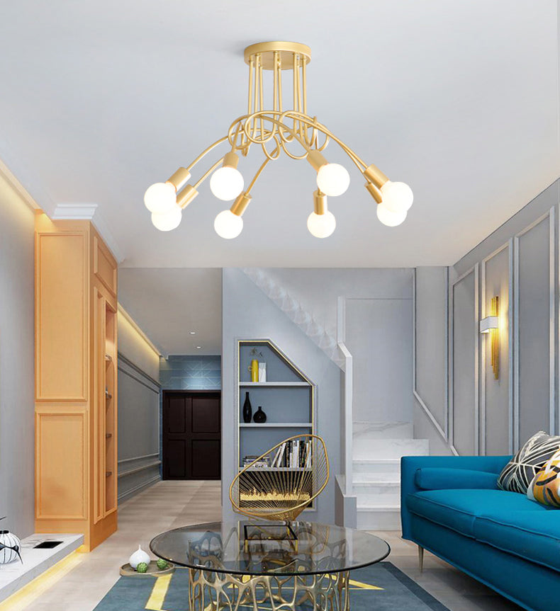 Exposed Bulb Radial Semi Flush Mount in Industrial Creative Style Wrought Iron Ceiling Light