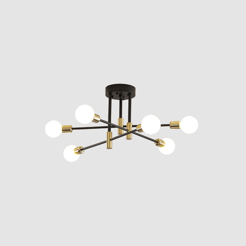 Black and Gold Semi Flush Mount in Industrial Creative Style Wrought Iron Radial Ceiling Light